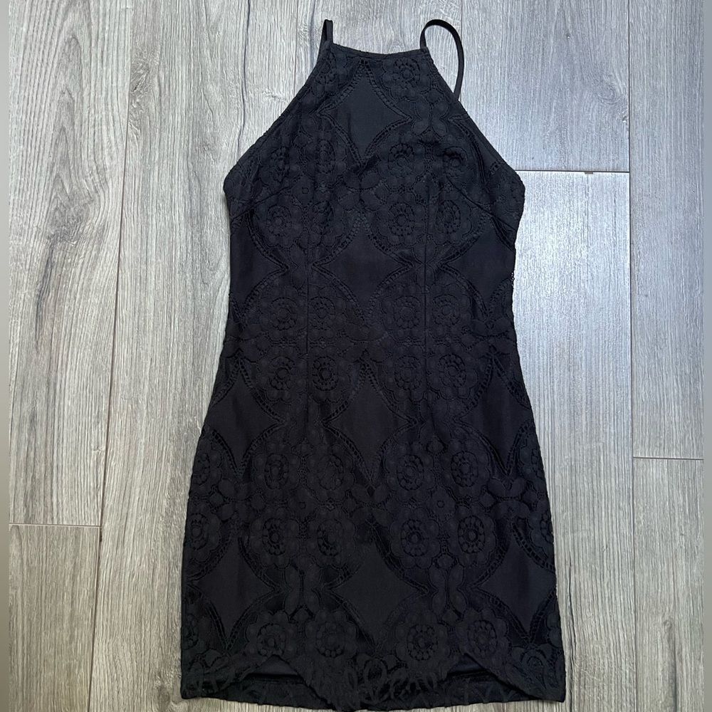 Black Halter High Neck Scalloped Lace Mini Dress